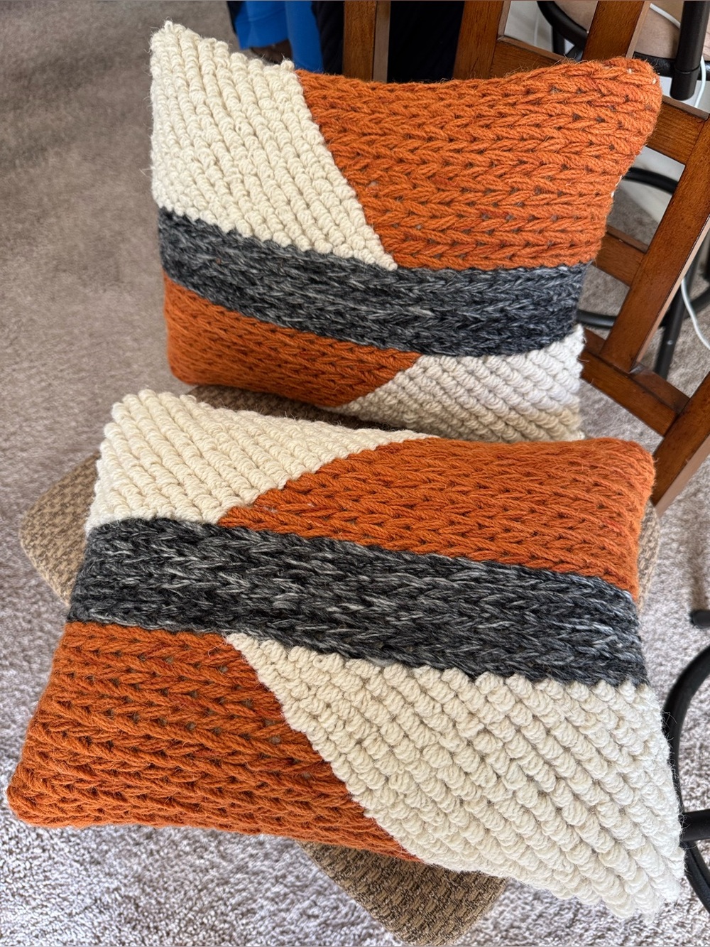 Pair Of Chunky Knit Lumbar Pillows Wool Polyester W Inserts Orange Gray Stripe